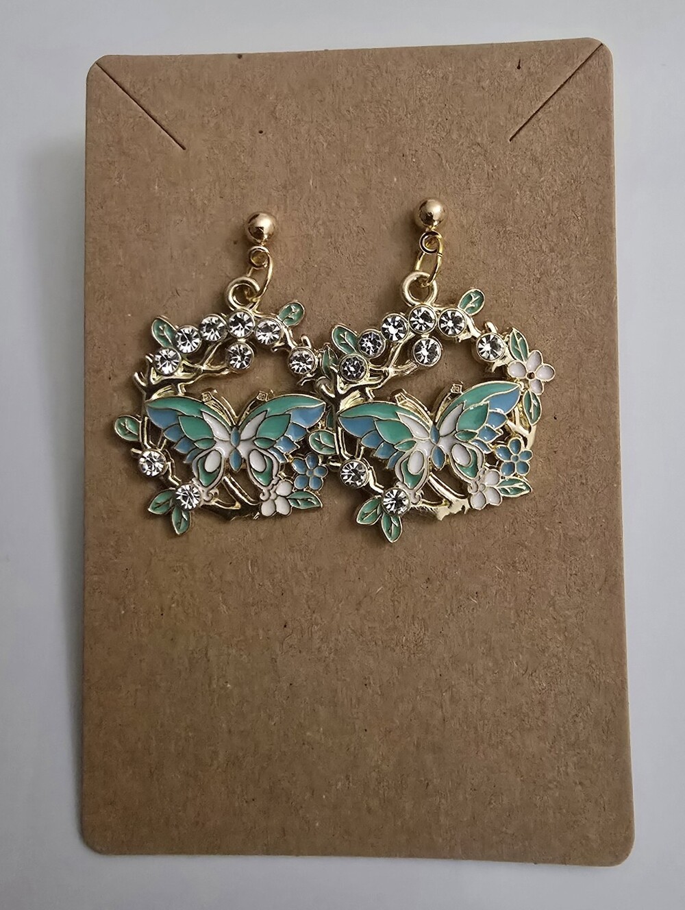 Hand Crafted Turquoise Butterfly Blossom Enamel Earrings with Crystals